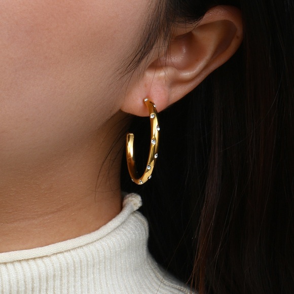 18k Gold Stainless Steel Anti-Tarnish Luxury Hoop Earrings w/ CZ Crystal Inlay - Picture 5 of 14